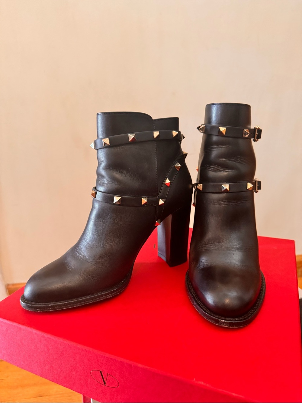 Valentino Garavani Black Leather Studded Buckle Ankle Boots